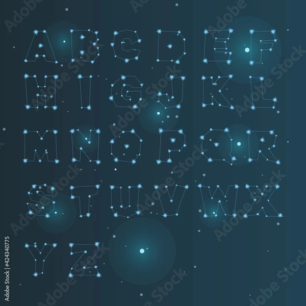 Fototapeta Alphabet in the form of a constellation. Bright cosmic letters from stars. ABC Vector.