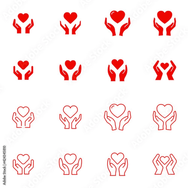 Fototapeta Set of hand heart glyph and line icon. Simple solid and outline style. Holding, pictogram, care, graphic, life, health, save, love, give, charity concept. Vector illustration isolated. EPS 10