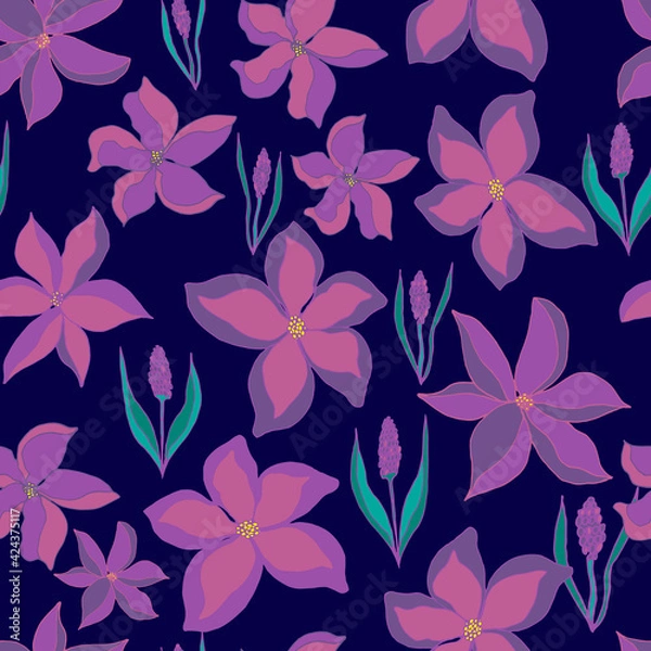 Obraz Vector seamless pattern of flower buds and sprigs of lavender with leaves. Botanical illustration for fabrics, textiles, wallpaper, paper, invitations, cards, backgrounds