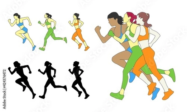 Fototapeta Three running girls. Silhouettes of girls who run. Full color vector illustration in flat style