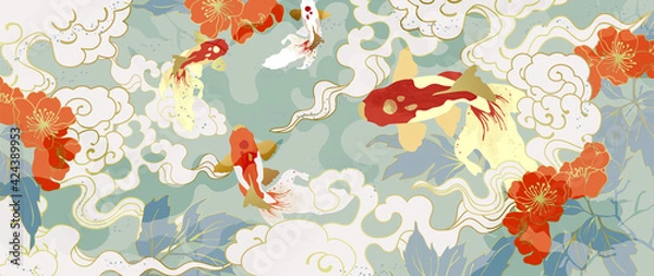 Obraz Luxury gold oriental style background vector. Chinese and Japanese oriental line art with golden texture. Wallpaper design with flower and koi carp fish. Ocean and wave wall art. Vector illustration.