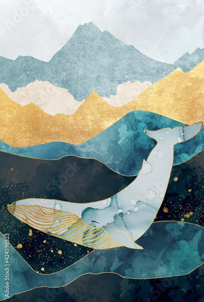 Fototapeta abstract landscape illustration concept with gold, marble, watercolor mountain and whale. Abstract wallpaper and background