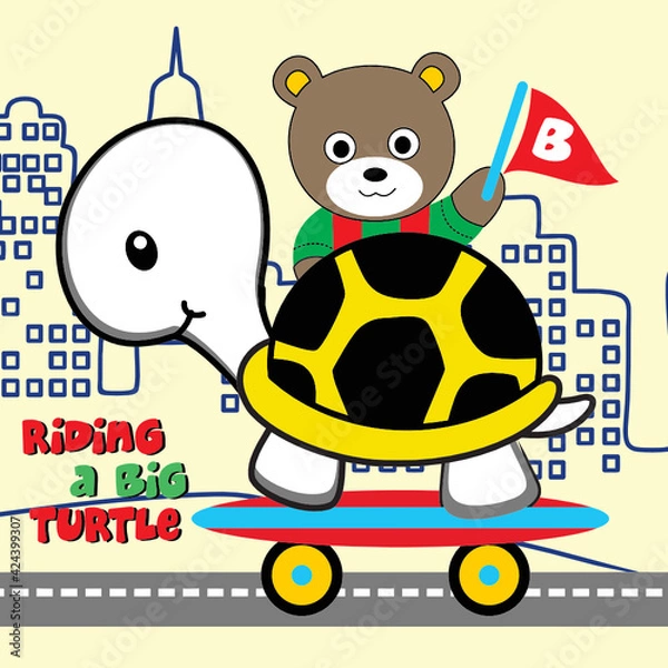 Obraz bear riding cute big turtle cartoon 