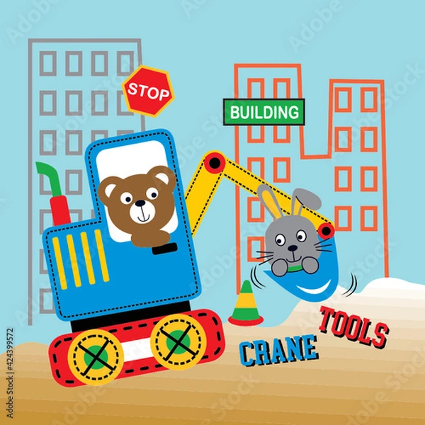 Obraz bear rabbit on crane vector cartoon 