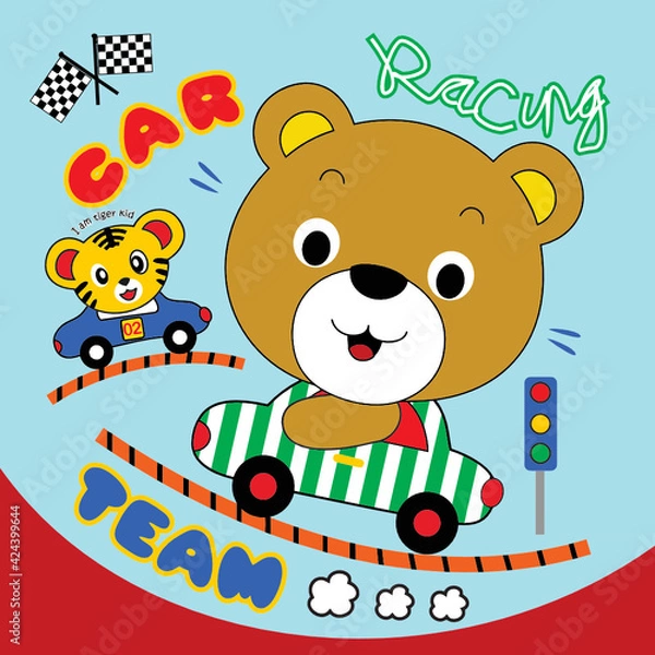 Obraz bear playing toy car cartoon vector 