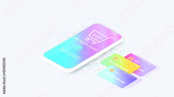 Fototapeta Smartphone payment technology.Neomorphism Isometric mobile phone and internet banking.