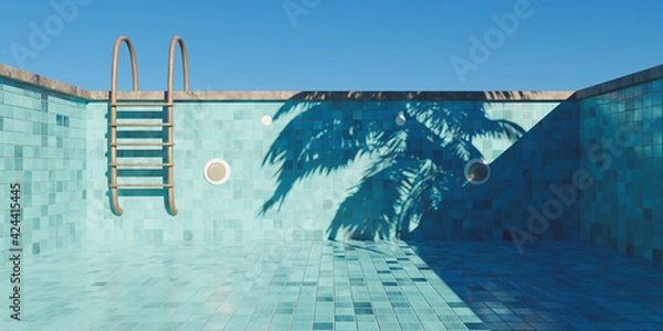 Fototapeta empty swimming pool with rusty stairs and tile floor