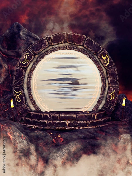 Obraz Dark landscape with a fantasy round portal with magic symbols in the mountains at night. 3D render.