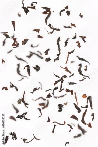 Obraz Falling dried tea leaves, closeup on white background.