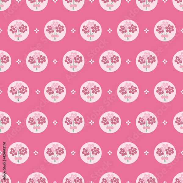 Obraz Vintage circle floral bouquet vector illustration seamless repeat pattern design on pink background.