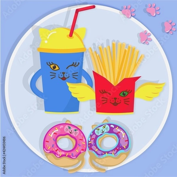Fototapeta illustration of a glass of juice, fries and donuts