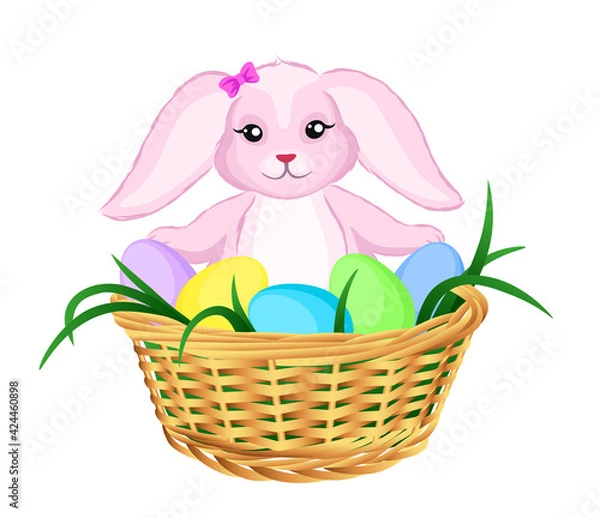 Obraz Easter bunny in  basket with decorated eggs. Vector illustration.