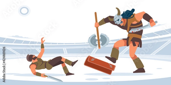 Fototapeta Gladiatorial fight. A giant warrior defeats a Gladiator in the arena of the Colosseum.Vector isolated illustration. Flat cartoon style