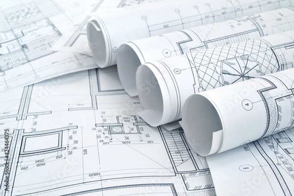 Fototapeta Photo of several drawings for the project engineer jobs