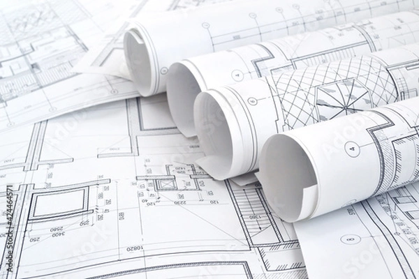 Fototapeta Photo of several drawings for the project engineer jobs