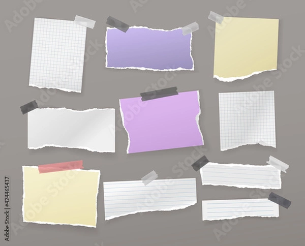Fototapeta White, colorful torn note, notebook paper pieces are on dark grey background for text, advertising or design. Vector illustration