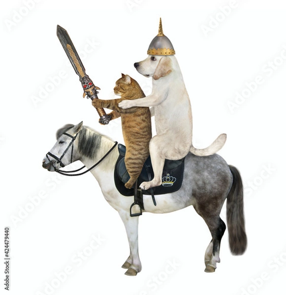 Fototapeta A dog labrador warrior in a helmet armed with a sword and a beige cat ride a gray horse. White background. Isolated.