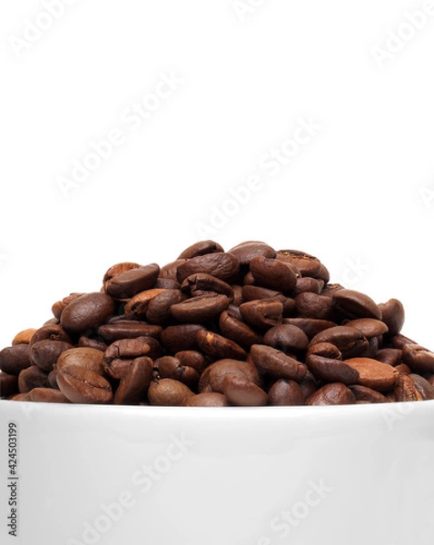 Obraz Cup with coffee beans close up on white background