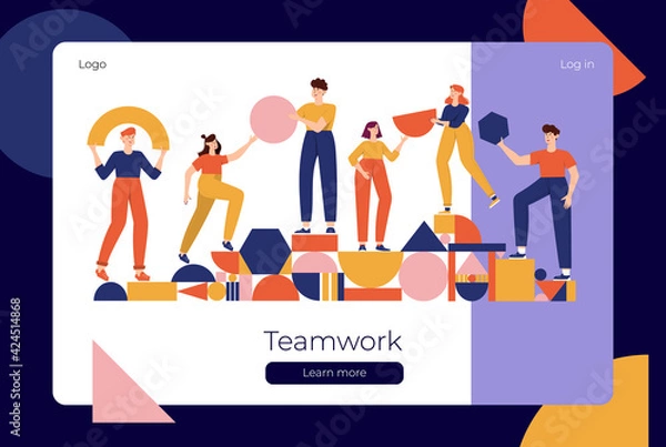 Fototapeta Teamwork, coworking, business partnership concept flat illustration. Characters with abstract geometrical shapes landing page design. Diverse people working together. People organize geometric figures