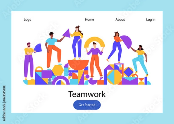 Fototapeta Teamwork, coworking, business partnership concept flat illustration. Characters with abstract geometrical shapes landing page design. Diverse people working together. People organize geometric figures