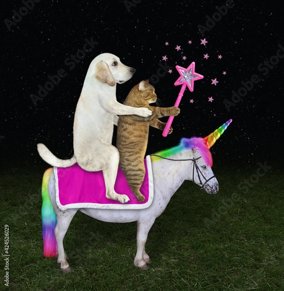 Fototapeta A dog labrador and a beige cat with a magic wand ride an unicorn in the meadow.