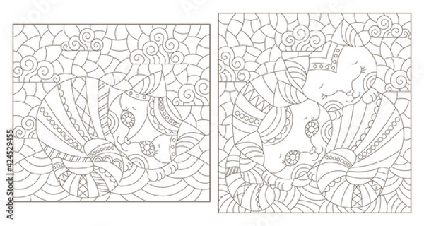 Fototapeta Set of outline illustrations in the style of stained glass with abstract cats , dark outlines on white background, rectangular images