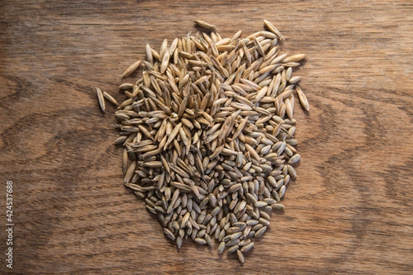 Obraz Close up of winter rye and oat seeds on wooden table