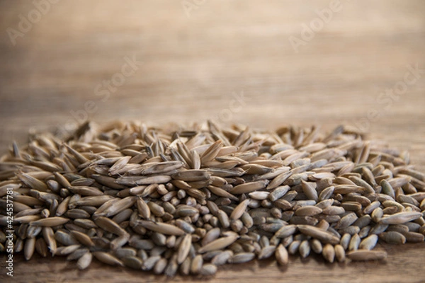 Obraz Close up of winter rye and oat seeds on wooden table