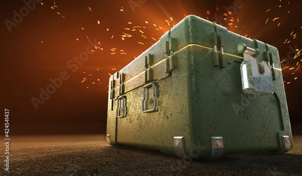 Fototapeta army box with loot boxes and glow inside. text box. 3d rendering