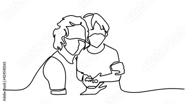 Fototapeta Mom and daughter in protective masks. One line drawing vector illustration. Mother and child wear facemask during coronavirus and flu outbreak. Virus and illness protection, hand sanitizer in public