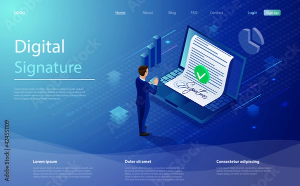 Fototapeta Digital signature, businessman sign on smartphone. Smart contract concept. Isometric electronic signature concept. Businessman putting electronic signature on document. E-sign consent agreement