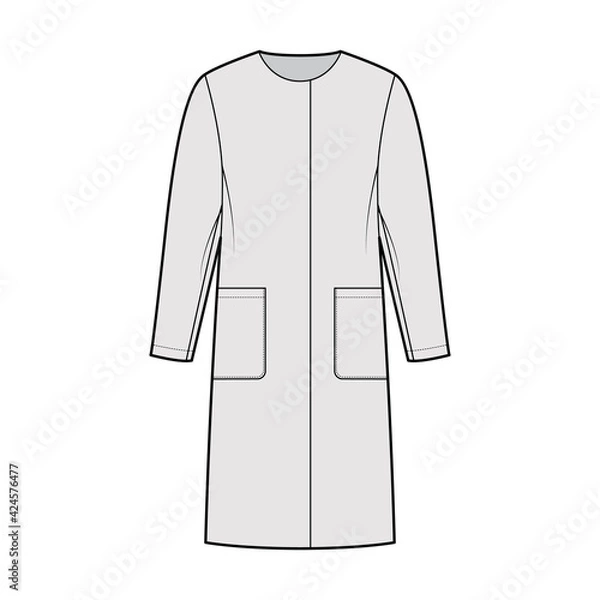 Fototapeta Straight coat technical fashion illustration with long sleeves, oversized body, knee length, patch pockets, hide closure. Flat jacket template front grey color style. Women, men, unisex top CAD mockup