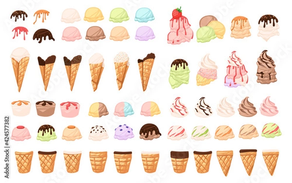 Fototapeta Set of different ice cream cone and bars ice creams with different flavours chocolate vanilla and fruits vector illustration on white background