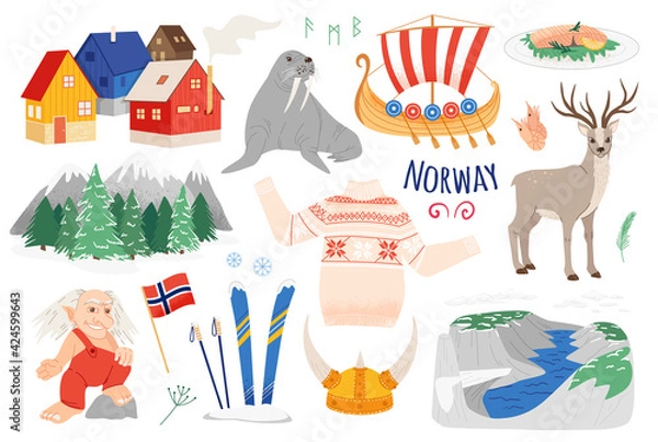 Fototapeta Norway vector icon set in a naive style. Travel Norway illustrations isolated on white. Scandinavian culture