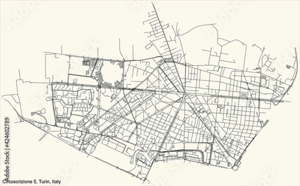 Obraz Black simple detailed street roads map on vintage beige background of the borough Circoscrizione 5 (Borgo Vittoria, Madonna di Campagna, Lucento, Vallette) of Turin, Italy