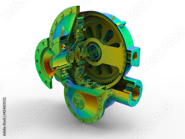 Fototapeta 3D rendering - gear box section cut FEA analysis