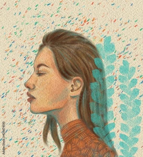 Fototapeta The image of a girl in profile with bright elements and leaves, a bitmap digital imitation of watercolors.
