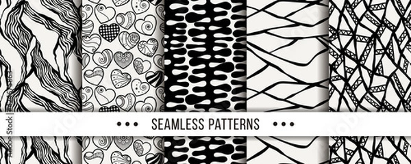 Fototapeta Cute collection of doodle hipster seamless patterns. Ornament set for your design, wallpaper, background, fabric textile