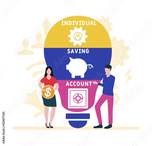 Fototapeta Flat design with people. ISA - Individual Saving Account acronym, business concept background.   Vector illustration for website banner, marketing materials, business presentation, online advertising.