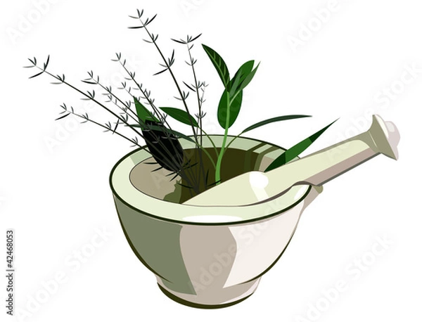Obraz Medical mortar and pestle with herbs
