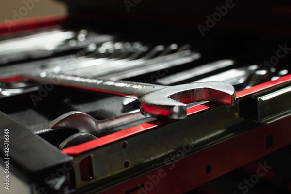 Obraz Close-up of a wrench on a drawer of a toolbox