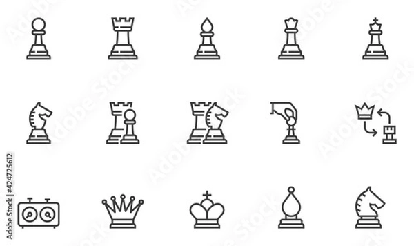 Fototapeta Set of Vector Line Icons Related to Chess. Chess piece, Checkmate. Pawn, Knight, Queen, Bishop, Horse, Rook. Editable Stroke. 48x48 Pixel Perfect.