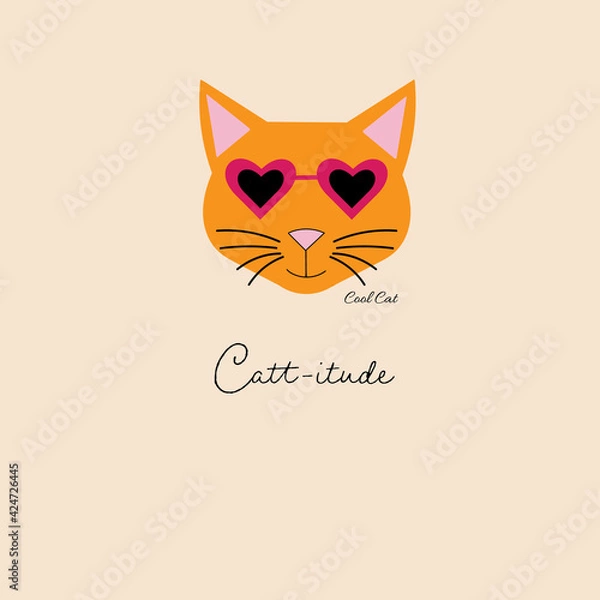 Obraz Cool orange cat with heart sunglasses vector illustration on tan panel background repeat seamless pattern design.