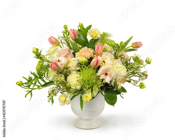 Fototapeta Flower Arrangement in a White Vase Isolated on White Space - Bouquet of Flowers in Soft Pastel Colors -  Floral Arrangement by Florist