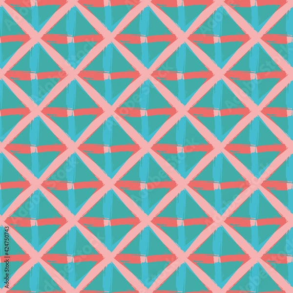 Obraz Vector braid effect weave seamless interlace pattern background. Macrame style ribbon plait lattice blue pink backdrop. Geometric modern wicker rattan grid knotwork. All over print for summer
