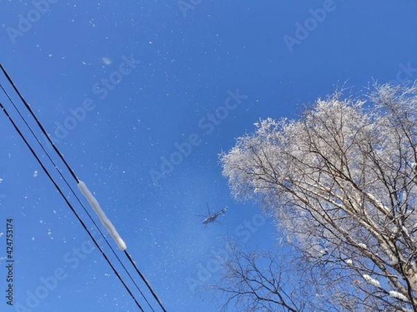 Fototapeta Helicopter flies against the sky above trees and wires in the snow