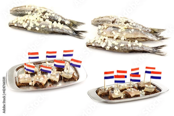 Fototapeta Fresh herring (Dutch "Hollandse Nieuwe") with chopped onions and some on a tray on a white background