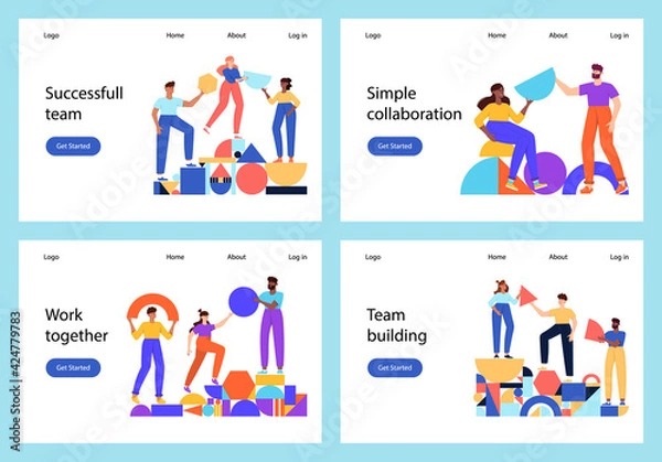 Fototapeta Teamwork, coworking, business partnership concept flat illustration. Characters with abstract geometrical shapes landing page design. Diverse people working together. People organize geometric figures