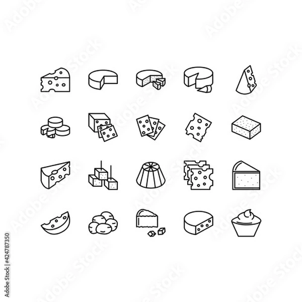 Fototapeta Cheese flat line icons set on white background. Parmesan, mozzarella, ricotta vector illustrations. Outline signs for store, can be used in logo, UI and web design. Editable Strokes