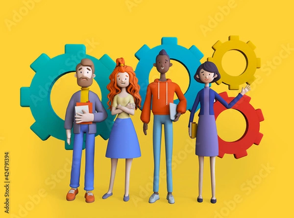 Obraz Group of diverse business people involved analytics and management. Concept of Coworking, Trendy 3d illustration.  